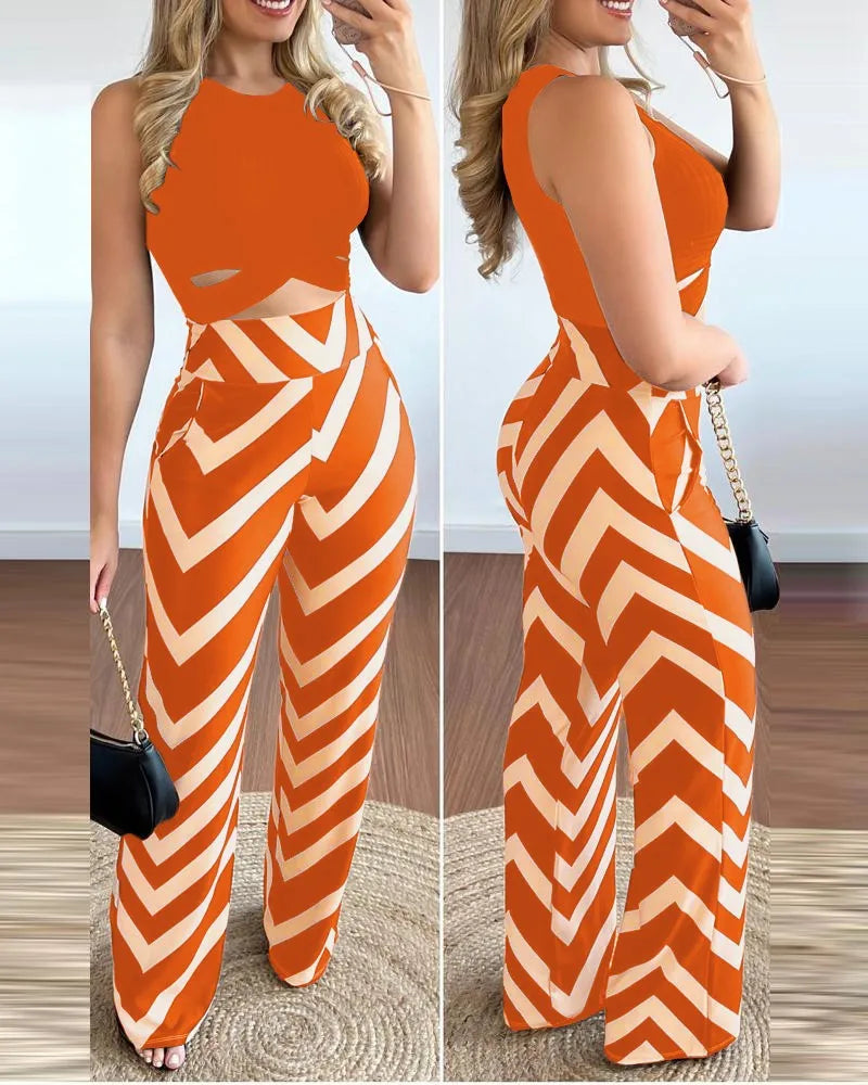 Spring Summer New Sleeveless Short Top Women's Suit Fashion Printed Trousers Slim Slim Simple Elegant Female Office 2 Piece Set