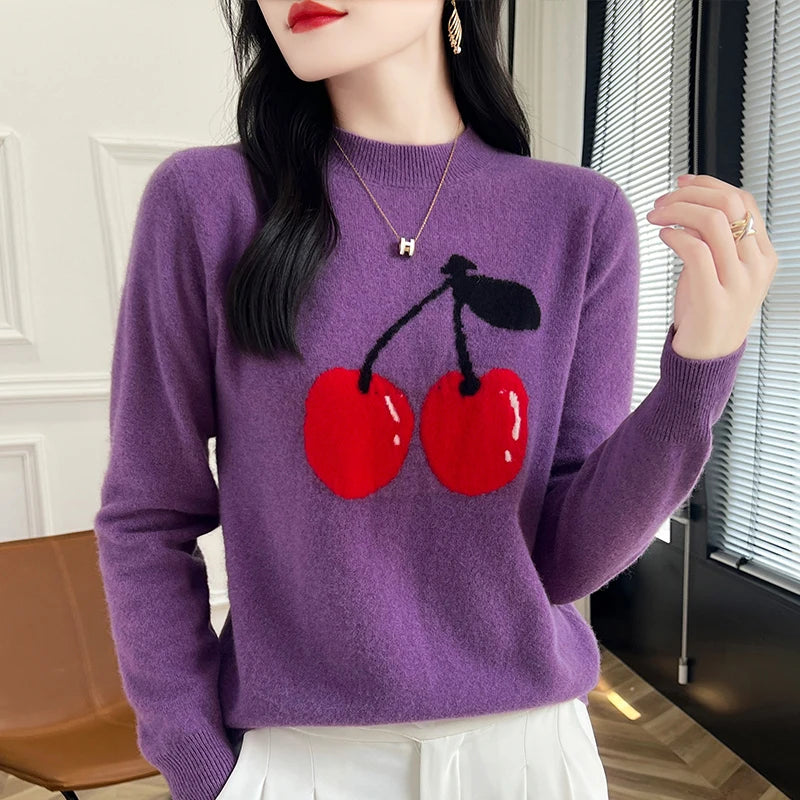 Autumn and Winter Women's Pullover Embroidered Pure Wool Knit Sweater