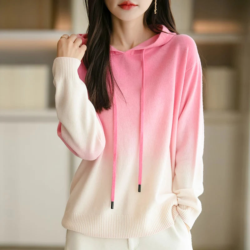 Autumn Winter Hooded Sweater Women Gradient Color Long Sleeve Top Fashion New Knit Female Pullover Warm Soft Loose Basic Jumper