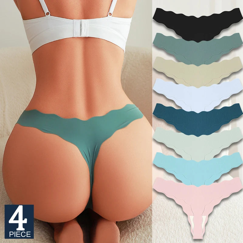 FINETOO 4Pcs Women's Sexy Panties Ice Silk Satin Seamless Thongs Fashion Seamless Panties Sexy Lingerie Lady Wavy Edge G-Strings