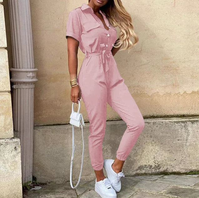 Casual Short Sleeve Jumpsuit Office Lady Spring Summer Fashion Elegant Solid Lace Up Jumpsuits For Women 2023 One Piece Rompers