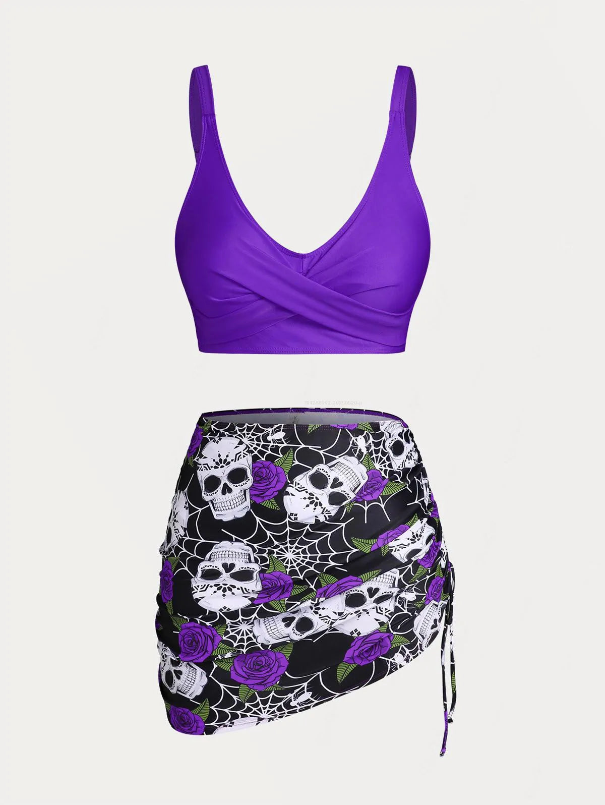 ROSEGAL Plus Size Women's Plus Size & Curve Skull Rose Print Crossover Three Piece Bikini Swimsuits