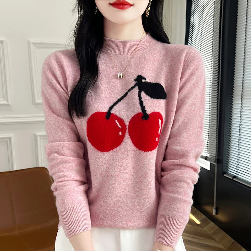 Autumn and Winter Women's Pullover Embroidered Pure Wool Knit Sweater