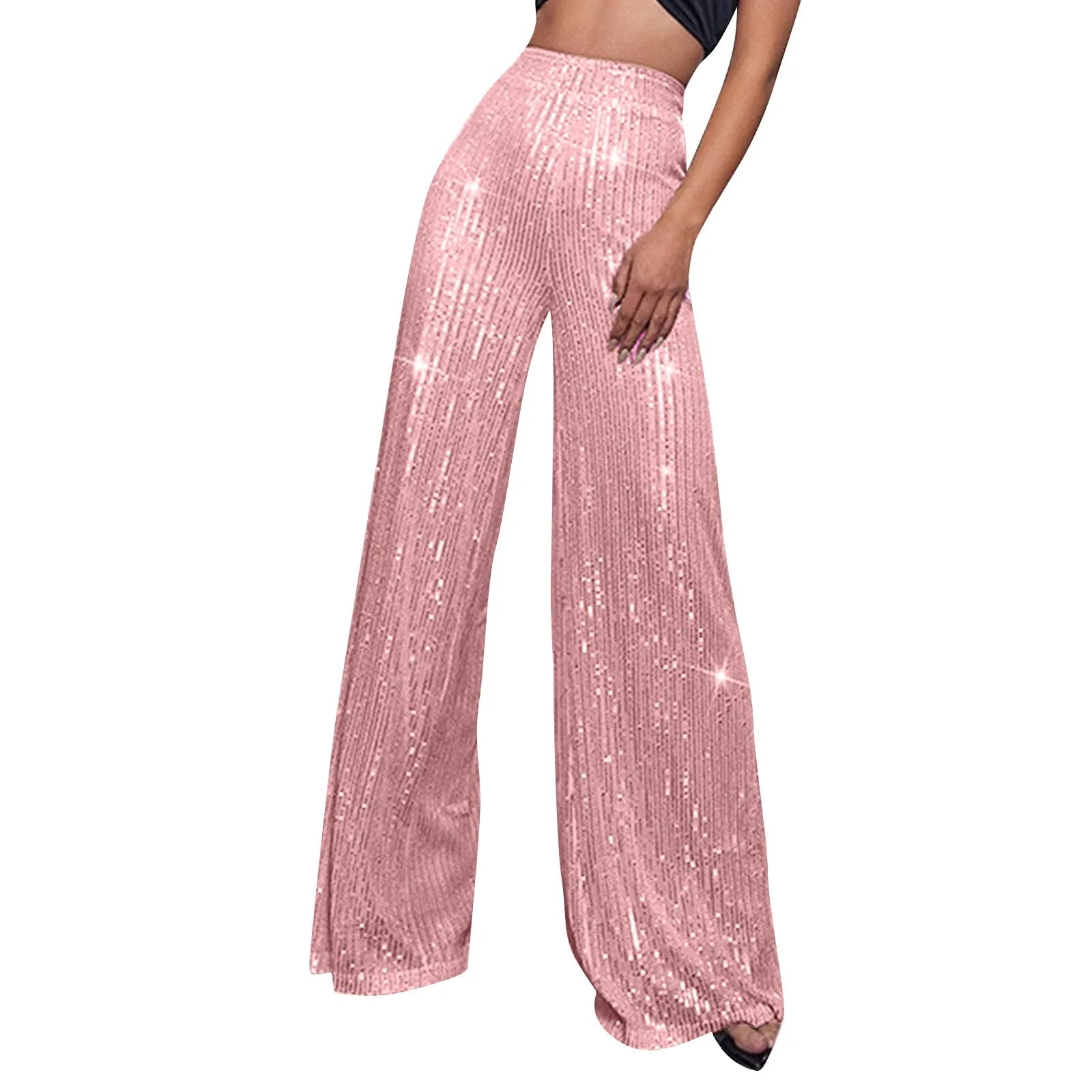 Women's Fashion Solid Color High Waist Sequin Side Zipper Draped Wide Leg Pants Pants for Women Women’s Pants Women’s Pants 2024