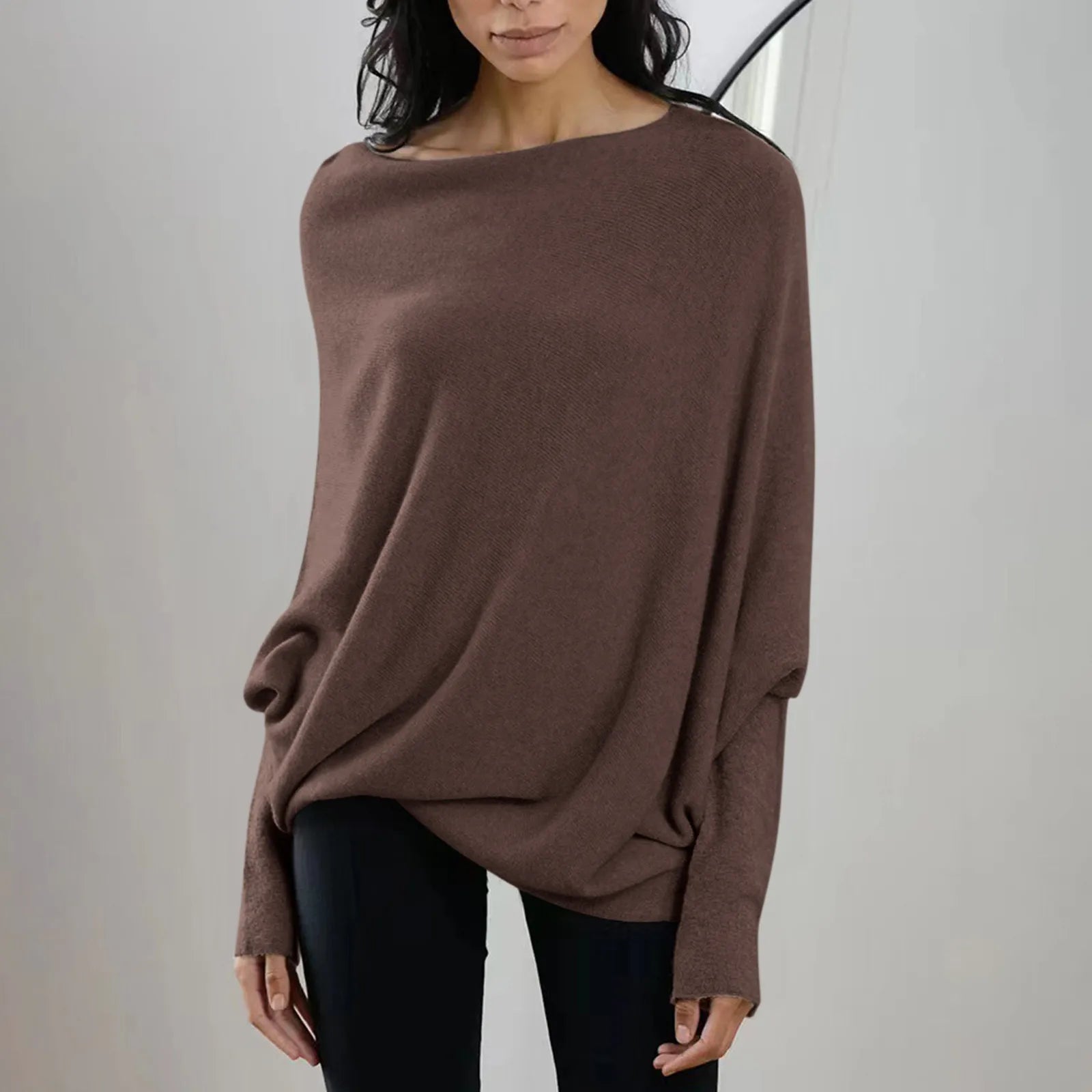 Womens Long  Sleeve Neck Tunic Tops  Fall Baggy Slouchy Pullover Sweaters Off The Shoulder Sweater