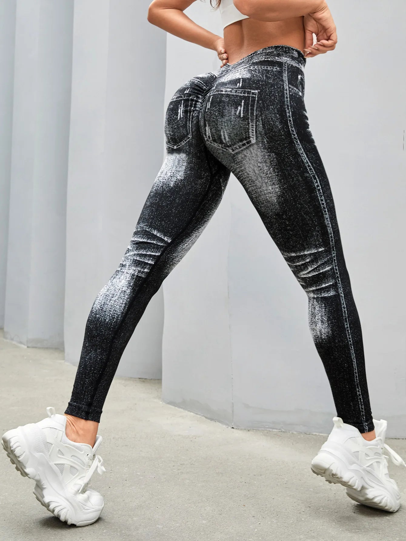 Women V Back Jean Leggings Gym Yoga Pants Casual Elastic Workout Exercise Fitness Running Fitness Tights