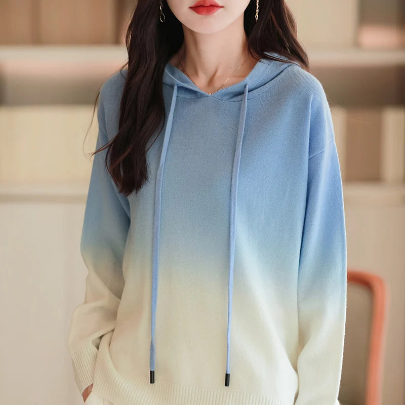 Autumn Winter Hooded Sweater Women Gradient Color Long Sleeve Top Fashion New Knit Female Pullover Warm Soft Loose Basic Jumper