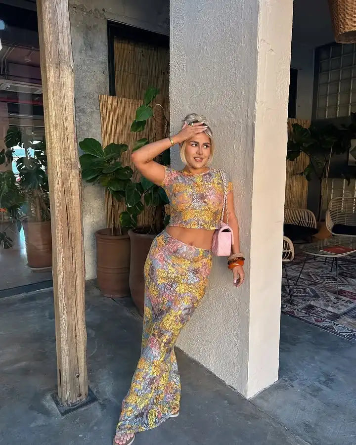 Women Chic Rainbow Lace Print Maxi Skirt Set Sexy Skinny Short Sleeved See Through Top Suit Lady Summer Ladies Party Outfit 2025
