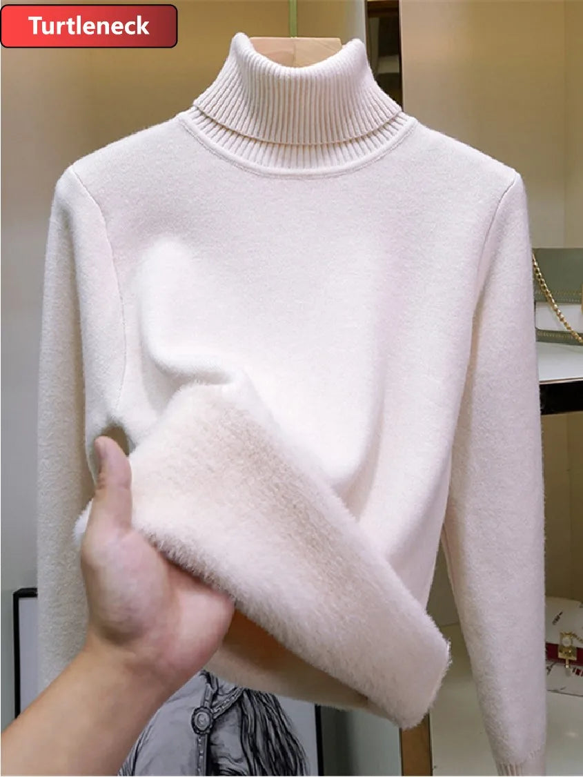 Thicken Velvet Turtleneck Sweater Women Korean Fashion Lined Warm