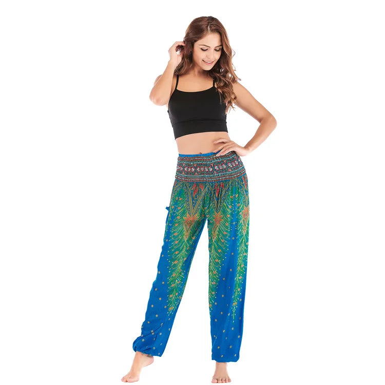 Women Yoga Boho Pants Leggings Floral Printing With Pocket Harem Bohemian High Waist  elastic waistband and ankle strapping