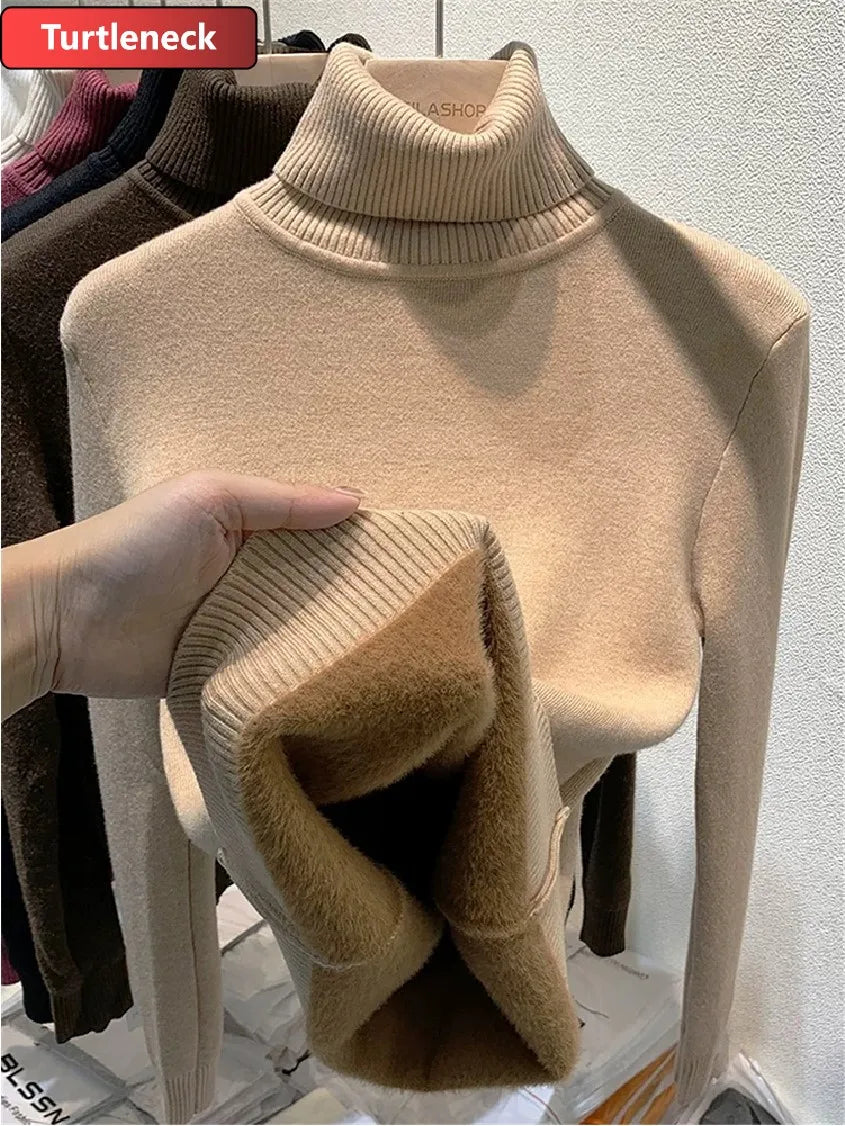 Thicken Velvet Turtleneck Sweater Women Korean Fashion Lined Warm