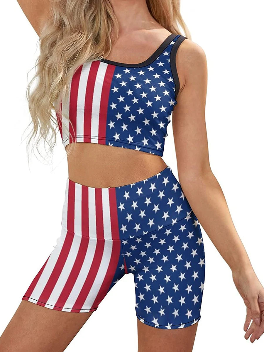 Women 4th of July Outfits Stars Stripes Tank Tops and Casual Elastic Shorts Summer Streetwear Clubwear 2 Piece Clothes