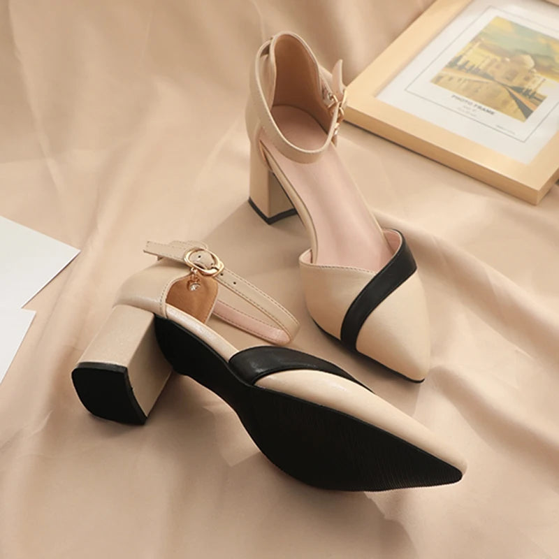 Rimocy Mixed Color Mid-Heel Pumps – Pointed Toe Ankle Strap Office Shoes for Women