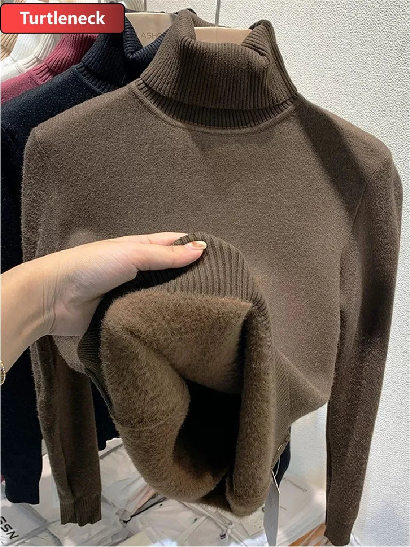 Thicken Velvet Turtleneck Sweater Women Korean Fashion Lined Warm