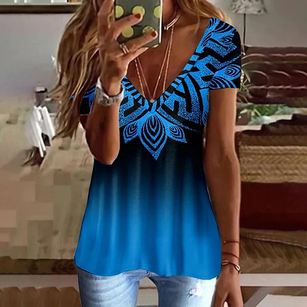 Summer Women T Shirt Stripes Print Gradient Clothing V Neck Short Sleeve Basic Tops Streetwear Fashion Oversized Girls T-shirts