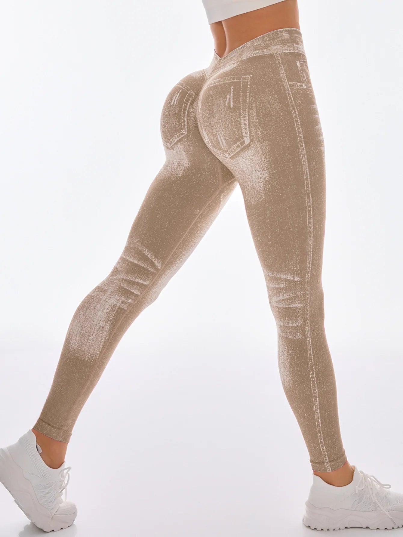 Women V Back Jean Leggings Gym Yoga Pants Casual Elastic Workout Exercise Fitness Running Fitness Tights