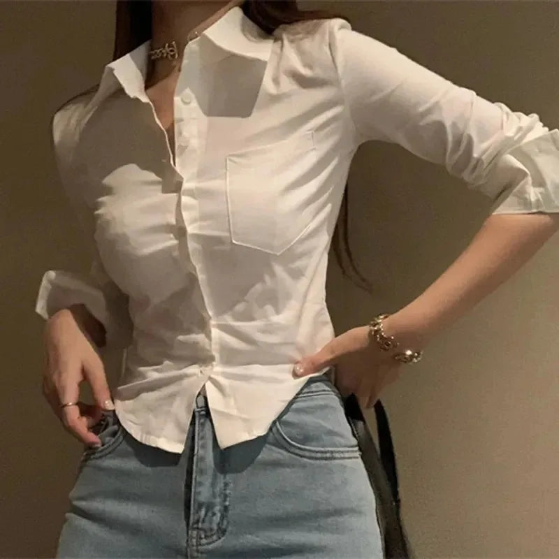 White Office Women Chiffon Shirt Pocket Button Lapel Ladies Blouse Spring Commuter Long Sleeve New Female Crop Tops