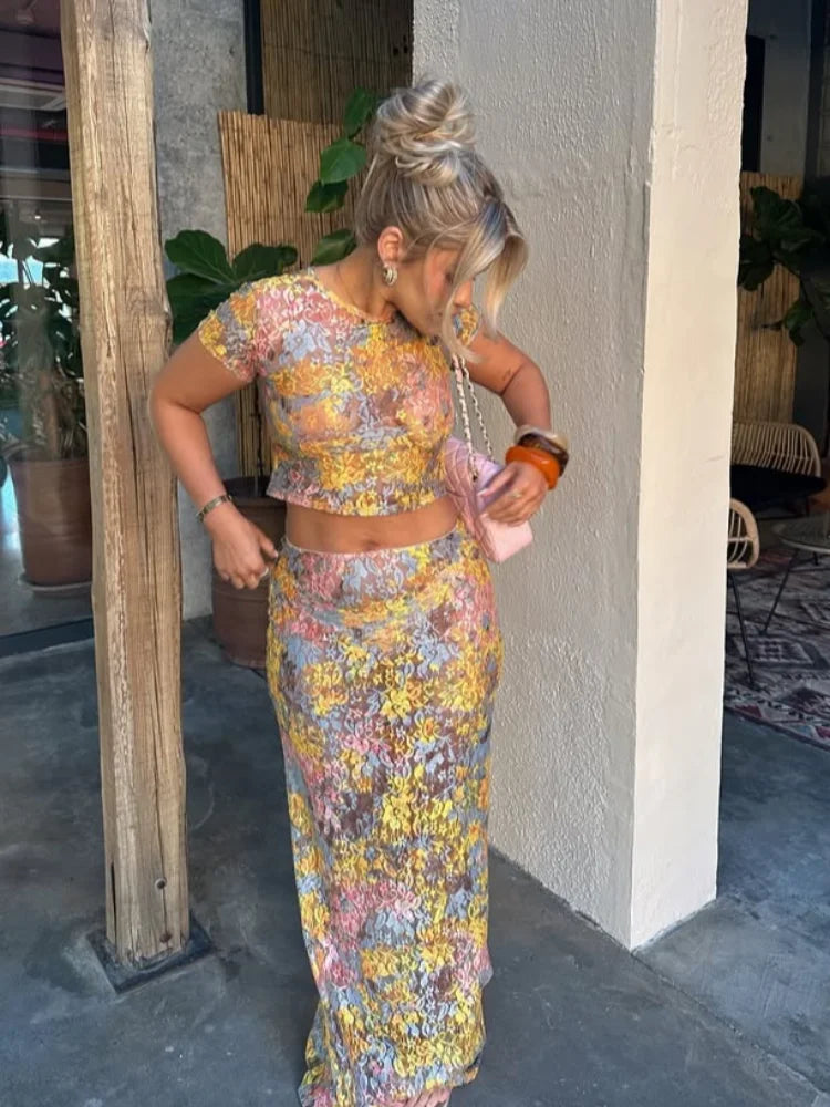 Women Chic Rainbow Lace Print Maxi Skirt Set Sexy Skinny Short Sleeved See Through Top Suit Lady Summer Ladies Party Outfit 2025