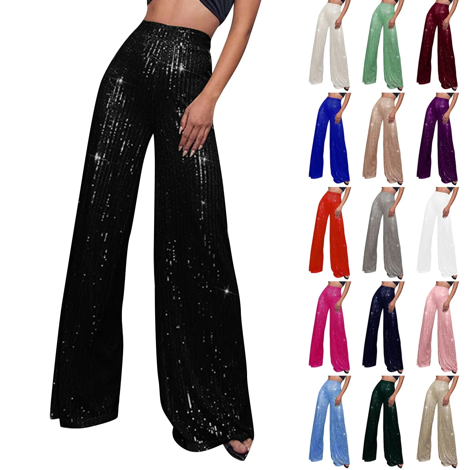 Women's Fashion Solid Color High Waist Sequin Side Zipper Draped Wide Leg Pants Pants for Women Women’s Pants Women’s Pants 2024