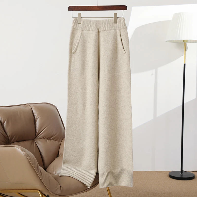 100% merino wool women's knitted trousers, wide-leg pants, new autumn and winter 2024