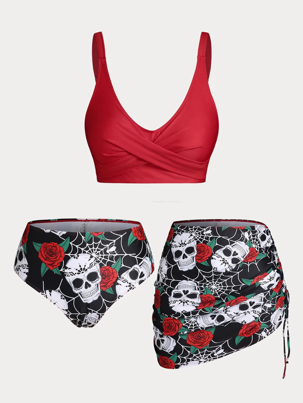 ROSEGAL Plus Size Women's Plus Size & Curve Skull Rose Print Crossover Three Piece Bikini Swimsuits