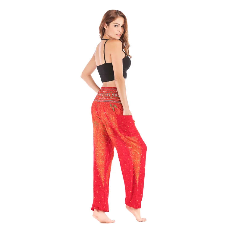 Women Yoga Boho Pants Leggings Floral Printing With Pocket Harem Bohemian High Waist  elastic waistband and ankle strapping