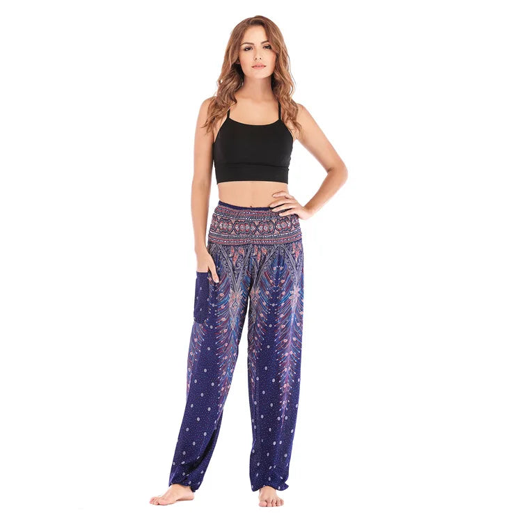 Women Yoga Boho Pants Leggings Floral Printing With Pocket Harem Bohemian High Waist  elastic waistband and ankle strapping