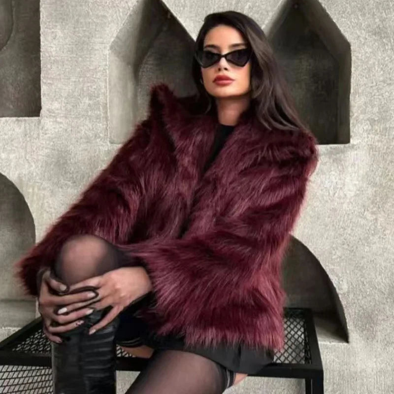 HXAO Women's Fur Coat Women 2024 Plush Burgundy Bomber Jacket