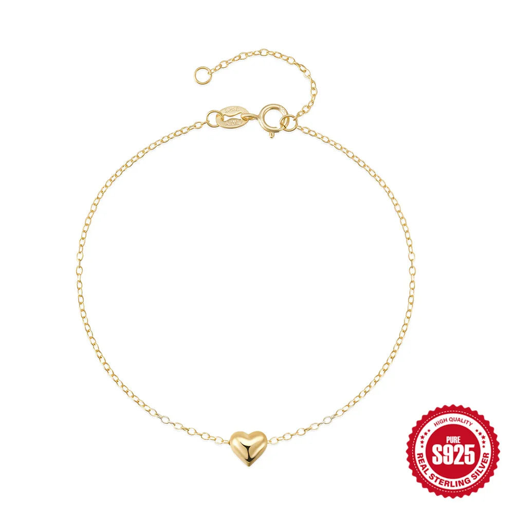 Aide 925 Silver Smooth Heart Shape Bracelet – 18K Gold Plated Light Luxury for Women