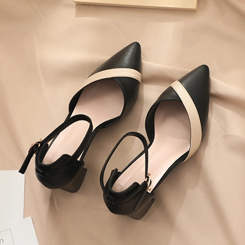 Rimocy Mixed Color Mid-Heel Pumps – Pointed Toe Ankle Strap Office Shoes for Women