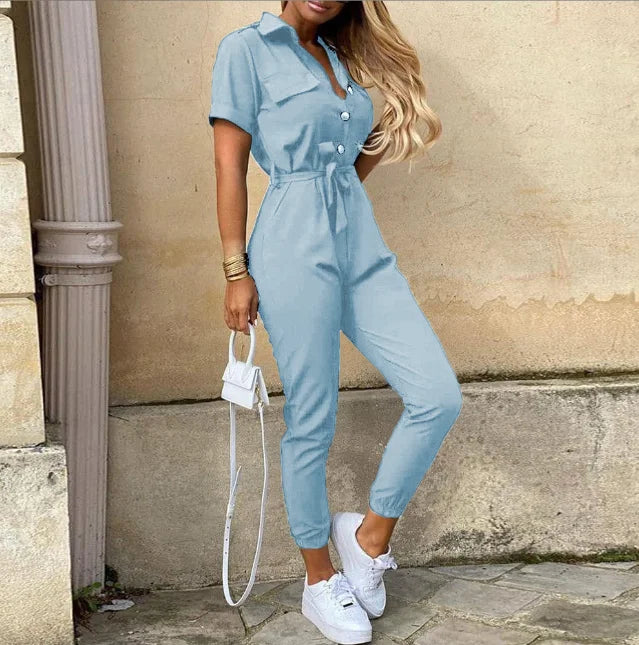 Casual Short Sleeve Jumpsuit Office Lady Spring Summer Fashion Elegant Solid Lace Up Jumpsuits For Women 2023 One Piece Rompers