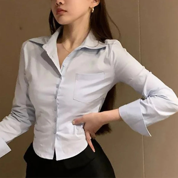 White Office Women Chiffon Shirt Pocket Button Lapel Ladies Blouse Spring Commuter Long Sleeve New Female Crop Tops