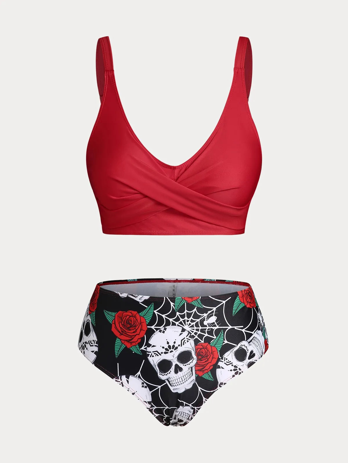 ROSEGAL Plus Size Women's Plus Size & Curve Skull Rose Print Crossover Three Piece Bikini Swimsuits