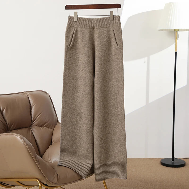 100% merino wool women's knitted trousers, wide-leg pants, new autumn and winter 2024