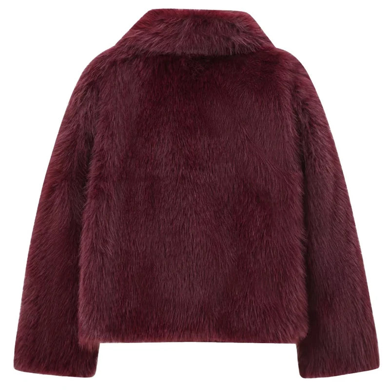 HXAO Women's Fur Coat Women 2024 Plush Burgundy Bomber Jacket