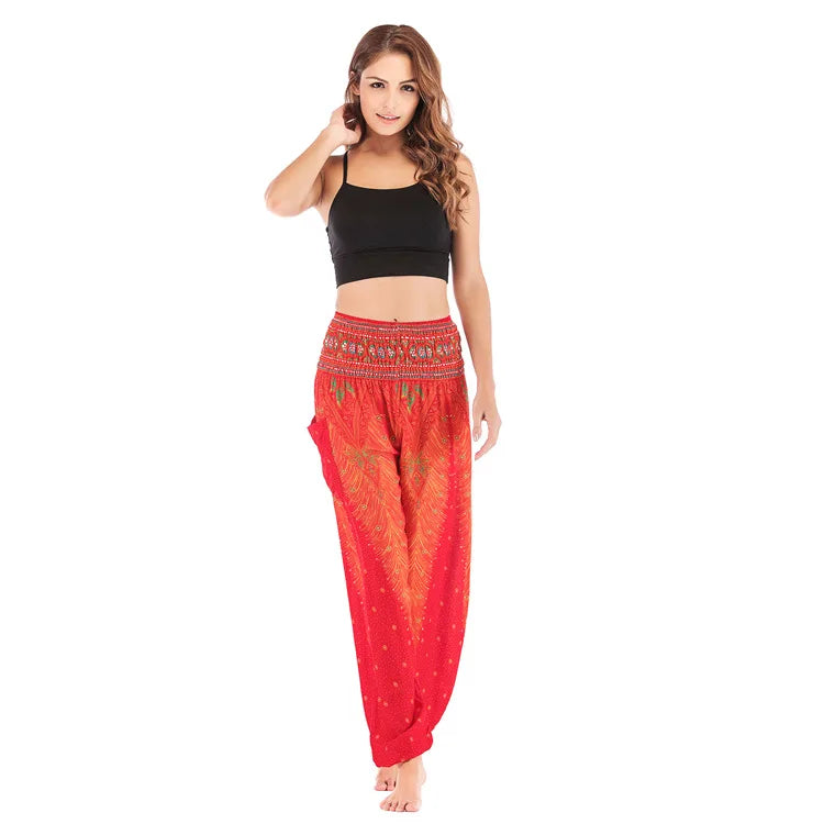 Women Yoga Boho Pants Leggings Floral Printing With Pocket Harem Bohemian High Waist  elastic waistband and ankle strapping
