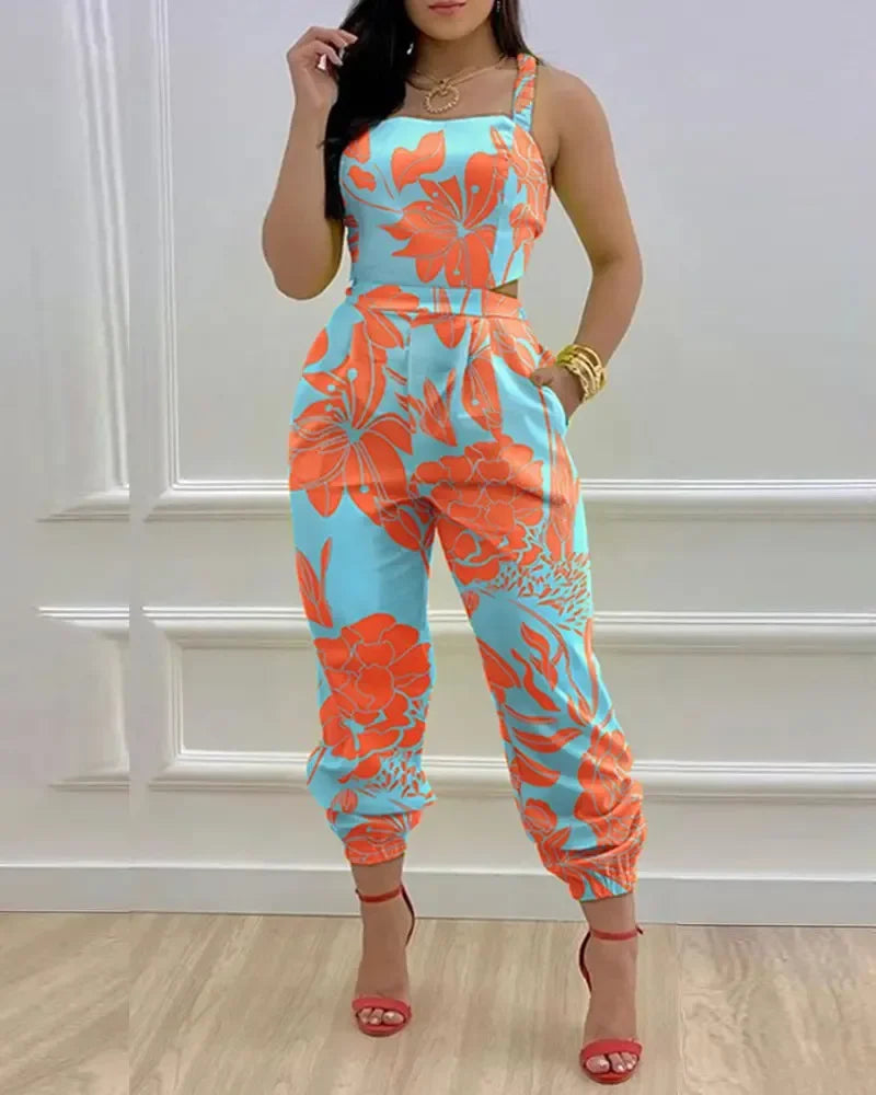 Women Printed Letter Jumpsuits Sleeveless V Neck Suspenders Backless High Waist Trousers Overall Rompers Pockets One Piece
