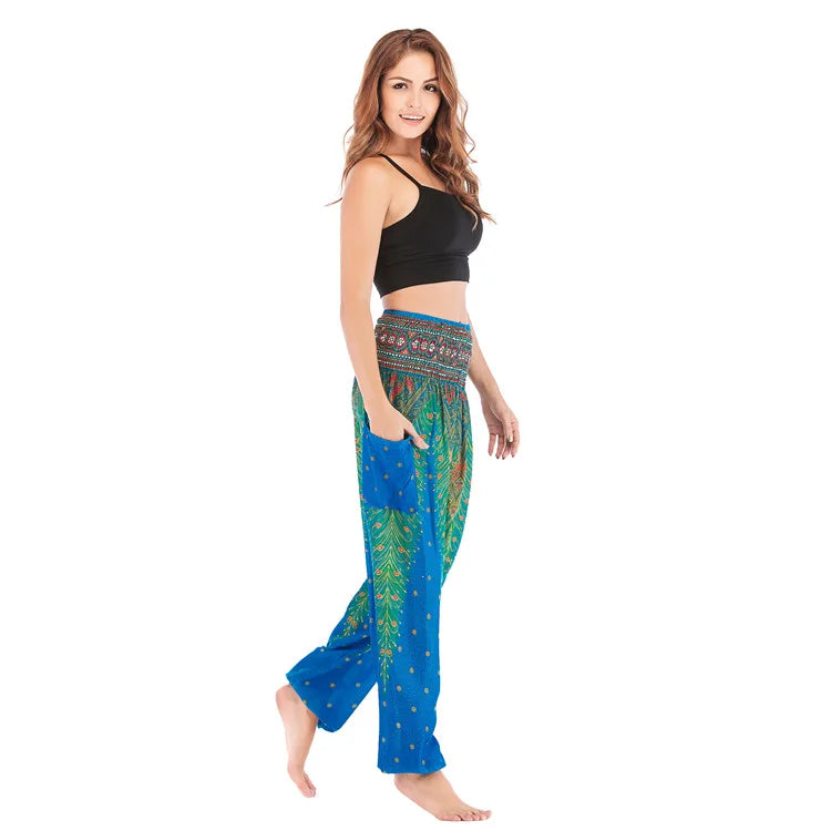 Women Yoga Boho Pants Leggings Floral Printing With Pocket Harem Bohemian High Waist  elastic waistband and ankle strapping