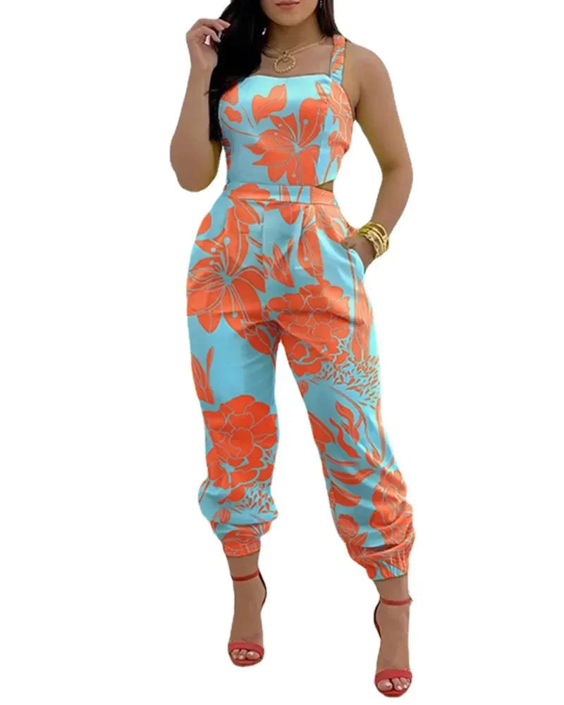 Women Printed Letter Jumpsuits Sleeveless V Neck Suspenders Backless High Waist Trousers Overall Rompers Pockets One Piece