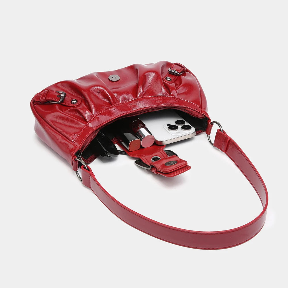 Women’s Pleated Hobo Red Shoulder Bag – Vintage Leather Y2K Style Trendy Saddle Bag