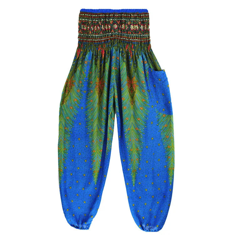 Women Yoga Boho Pants Leggings Floral Printing With Pocket Harem Bohemian High Waist  elastic waistband and ankle strapping