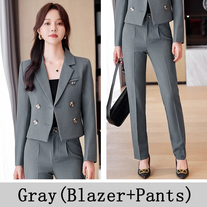 Solid Suits for Women 2024 Spring Fashion Office Ladies Long Sleeve Double Breasted Short Tops Chic Slim High Waisted Pant Suits
