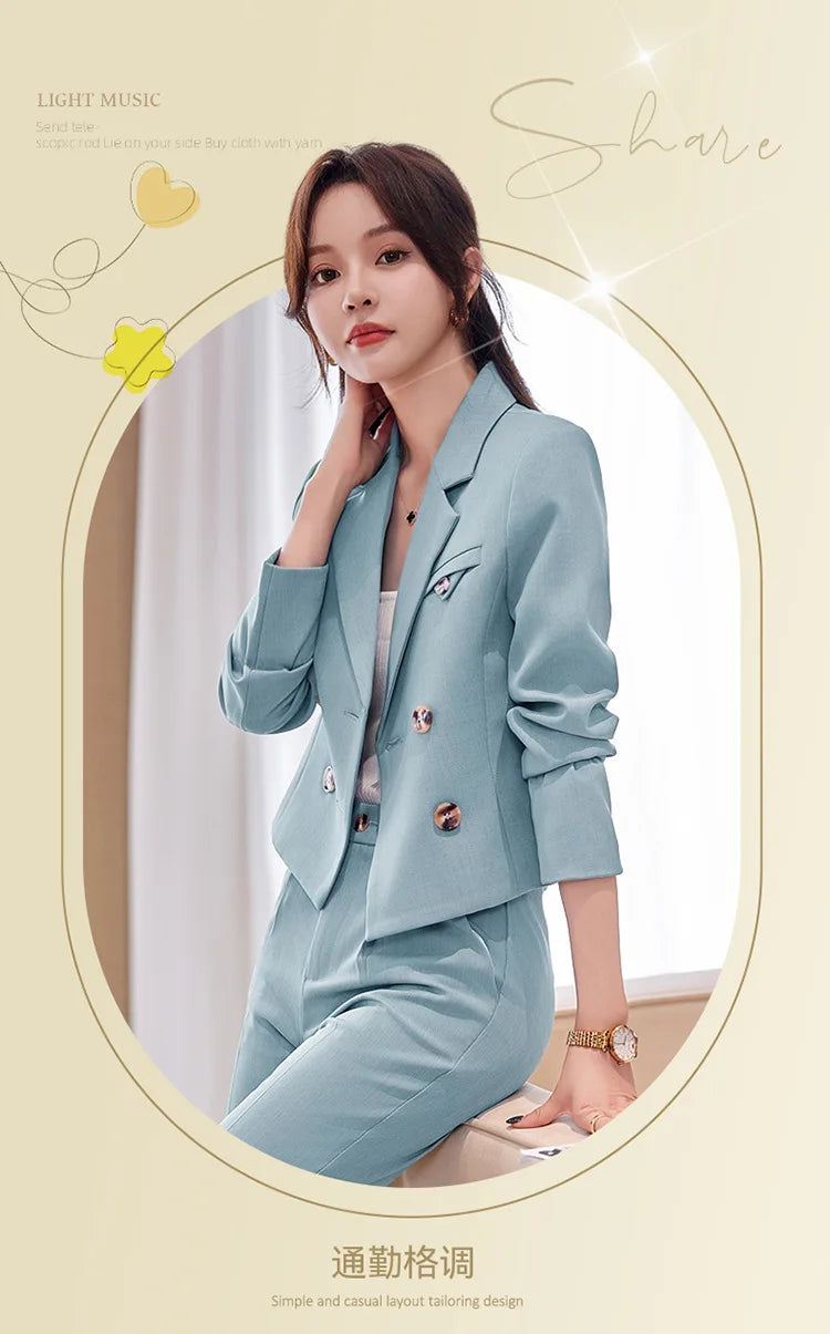 Solid Suits for Women 2024 Spring Fashion Office Ladies Long Sleeve Double Breasted Short Tops Chic Slim High Waisted Pant Suits