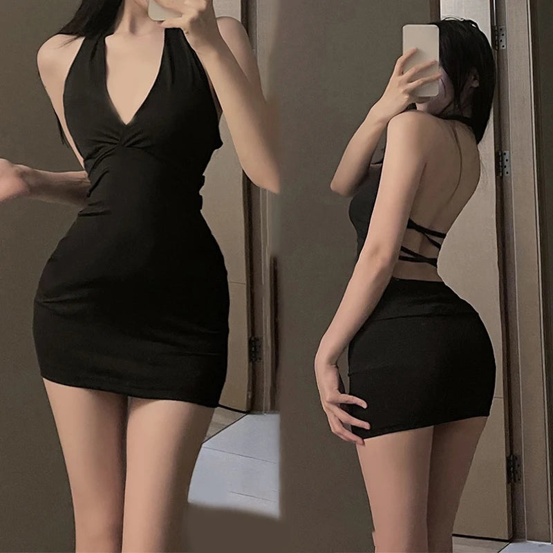 1Pc Erotic Dress Sexy Women Uniform V Neck Slim Backless Seductive One-piece Dress Nightclub Party Mini Dresses