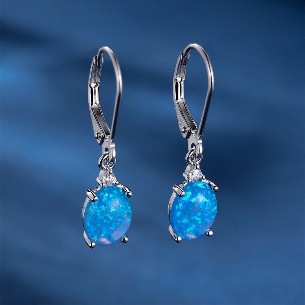 White and Blue Opal Oval Stone Hoop Earrings – Real 925 Sterling Silver Wedding Jewelry