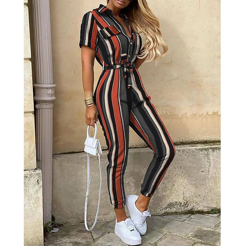 Casual Short Sleeve Jumpsuit Office Lady Spring Summer Fashion Elegant Solid Lace Up Jumpsuits For Women 2023 One Piece Rompers