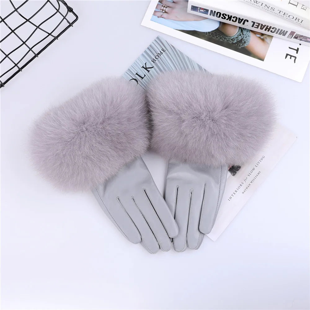 Sheepskin Gloves with Natural Fox Fur Trim – Women’s Genuine Leather Winter Mittens