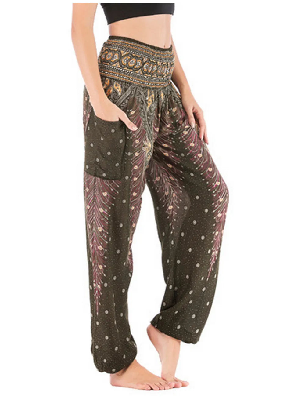 Women Yoga Boho Pants Leggings Floral Printing With Pocket Harem Bohemian High Waist  elastic waistband and ankle strapping