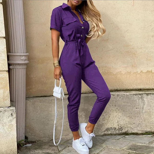 Casual Short Sleeve Jumpsuit Office Lady Spring Summer Fashion Elegant Solid Lace Up Jumpsuits For Women 2023 One Piece Rompers