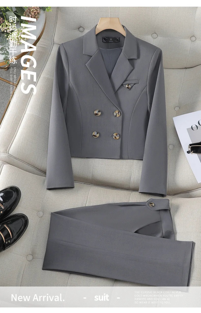 Solid Suits for Women 2024 Spring Fashion Office Ladies Long Sleeve Double Breasted Short Tops Chic Slim High Waisted Pant Suits
